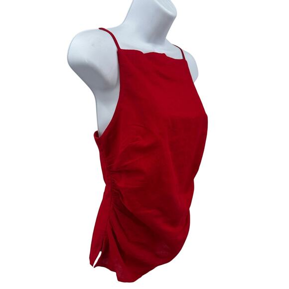 Madewell Ruched Squareneck Tank WMNS 2 Red Linen-Cotton Adjustable Strap Smocked - Picture 4 of 13
